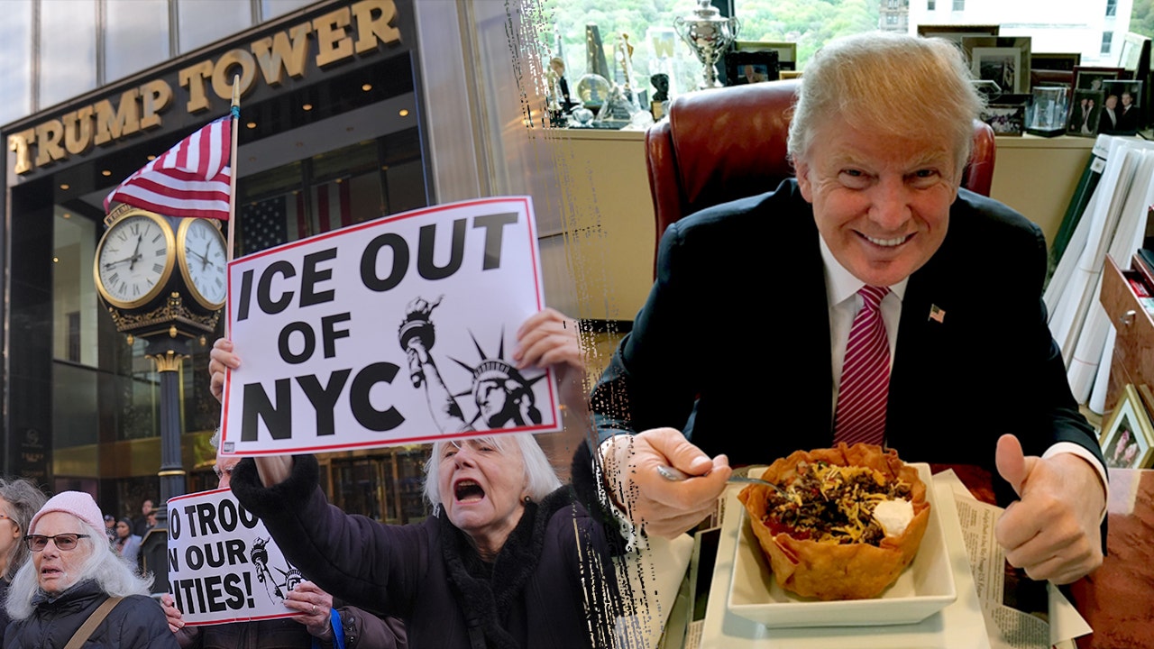 Trumpas pažymi „Cinco de Mayo“ „NICE“ ICE prekės ženklo pakeitimo grafika „Truth Social“.